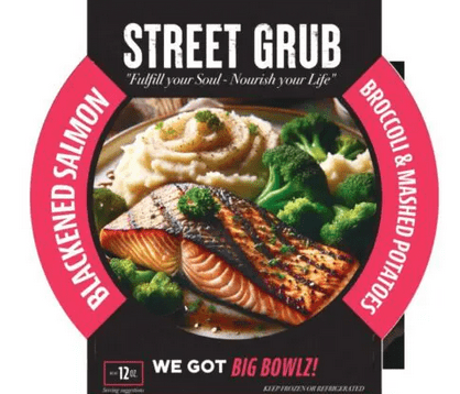 A label for street grub, broccoli and mashed potatoes.
