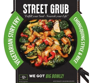 A poster of a bowl of food with broccoli and other vegetables.