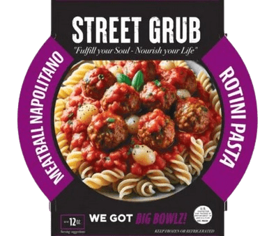 A purple and black poster with meatballs in sauce.