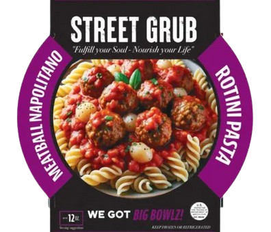 A purple and black poster with meatballs in sauce.