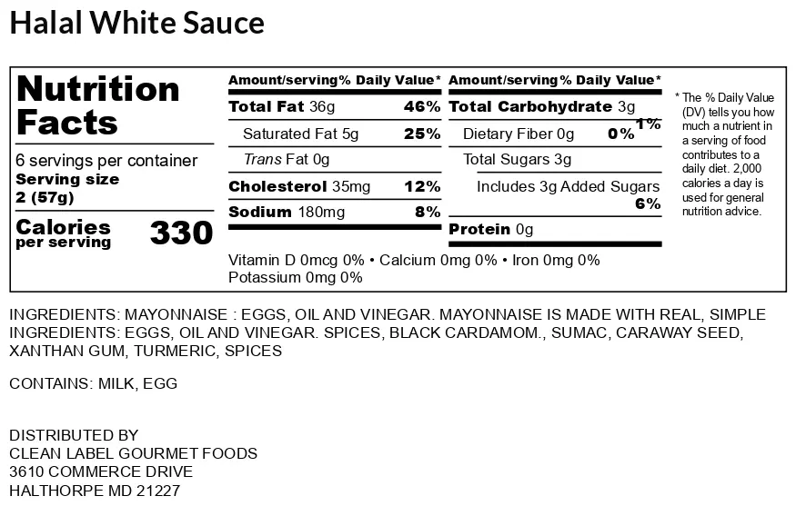 A label for the ingredients of a sauce.