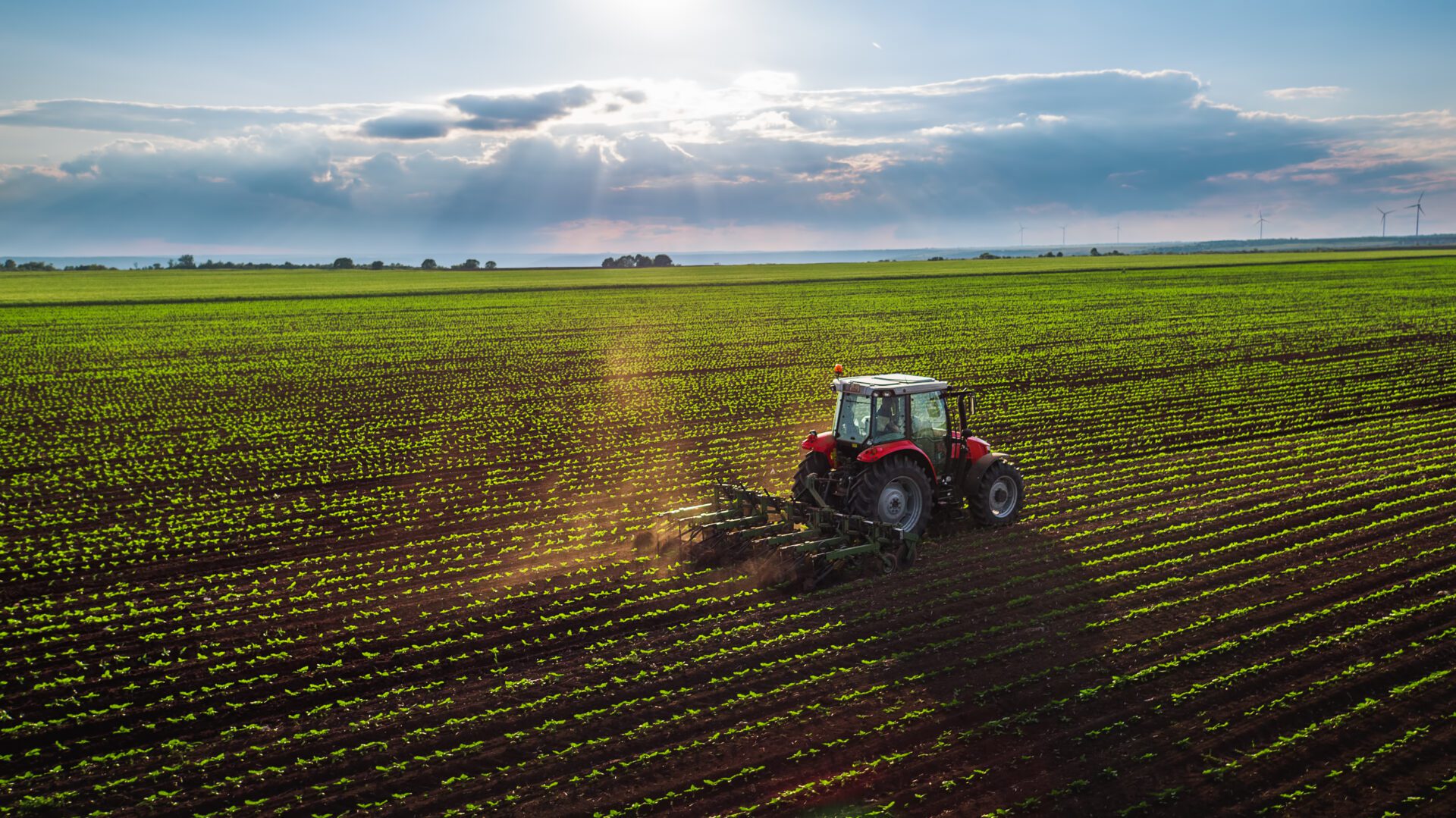 A tractor is plowing the field in front of some clouds.