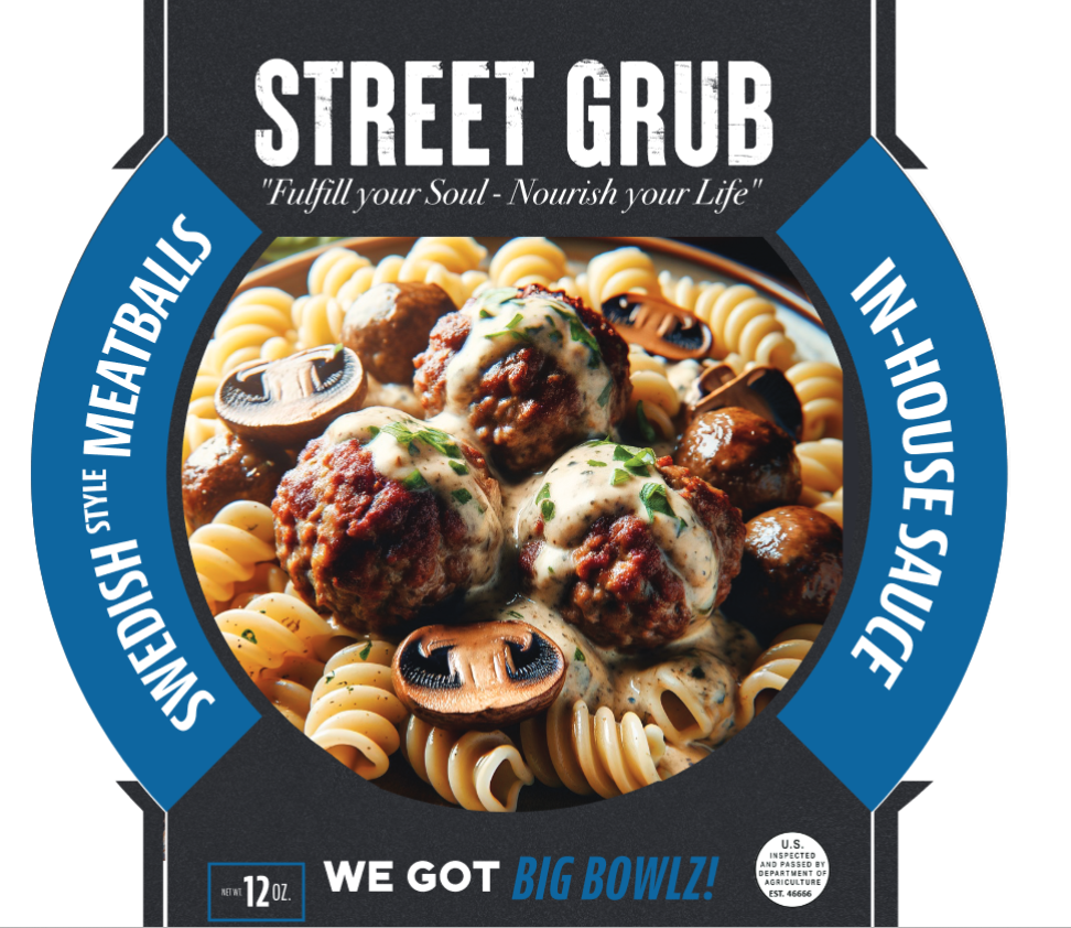 A blue and black poster with meatballs, mushrooms and cheese.