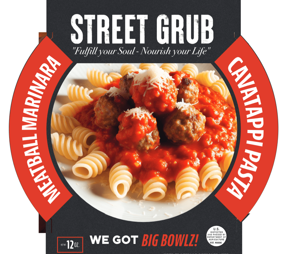 Meatball marinara street grub is a pasta dish with meatballs and sauce.