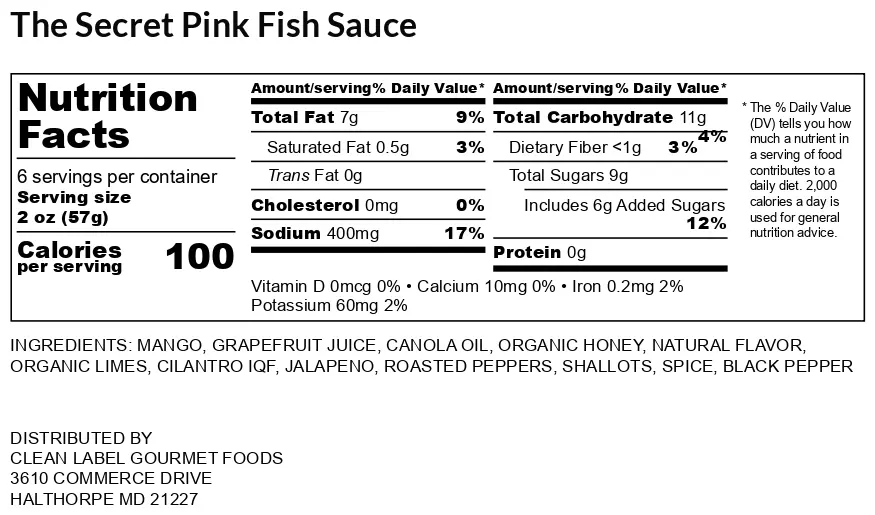 A label for pink fish sauce with ingredients listed.