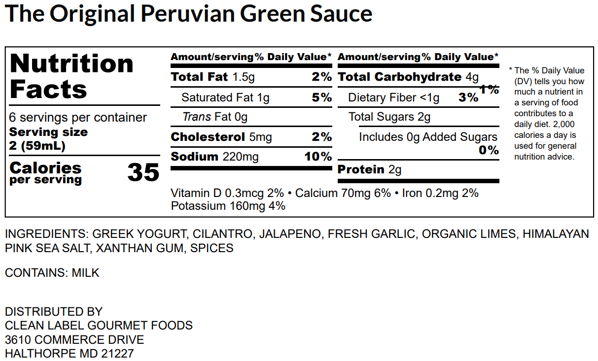 A label for the nutritional information of some type of sauce.